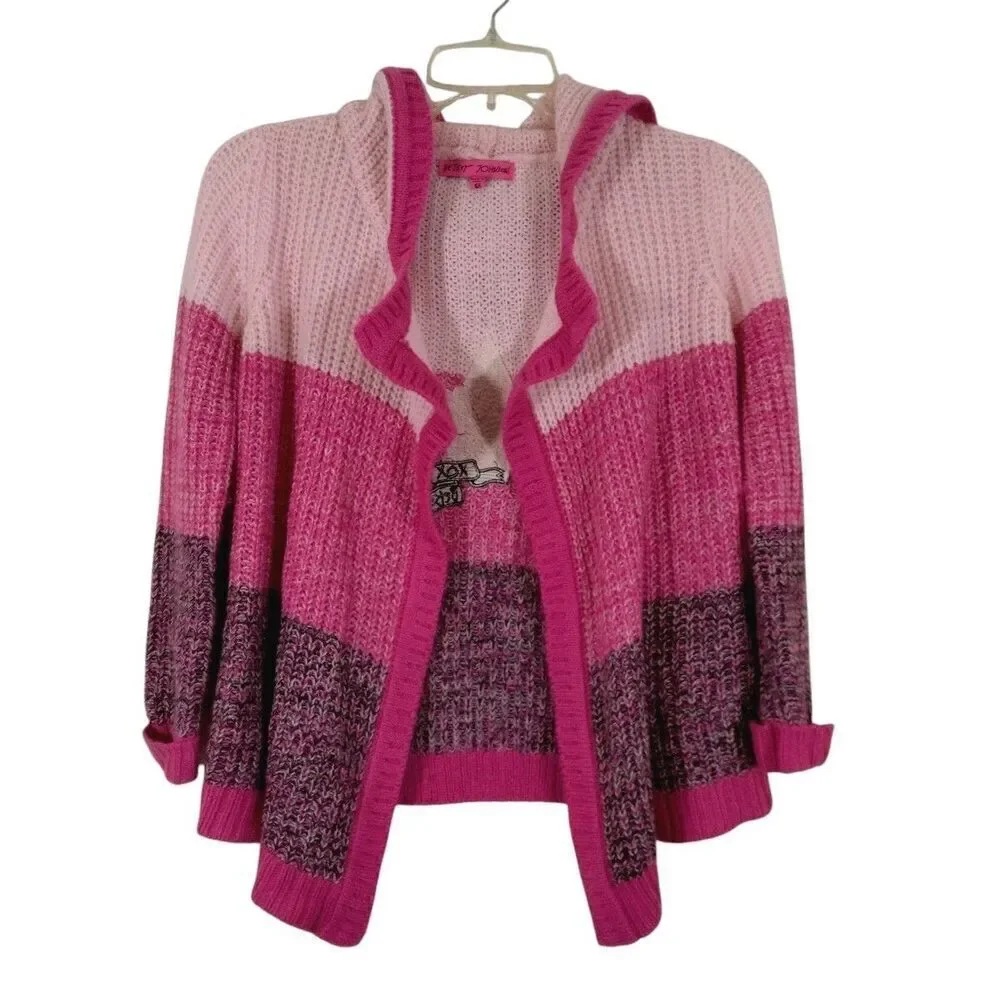 Betsey Johnson Girls 6X Cardigan Hooded Sweater Pink Open Front Sequin Star